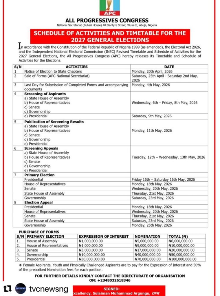 APC releases timetable for 2027 elections, outlines primary election schedule