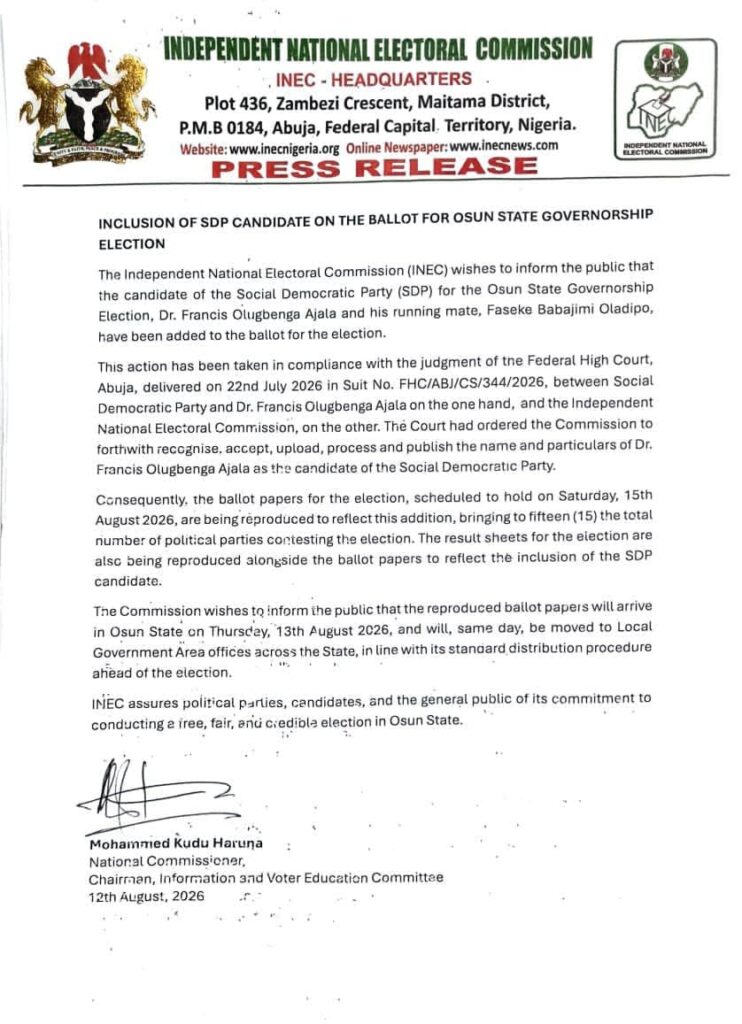 INEC adds SDP candidate to Osun governorship ballot