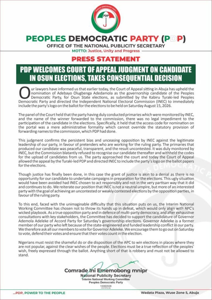 Court orders INEC to add PDP to Osun ballot as party backs Adeleke